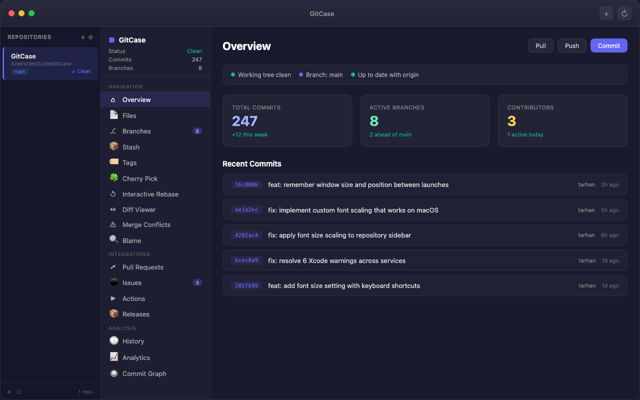 GitCase Overview - Repository dashboard with commit history, branch status, and contributor stats