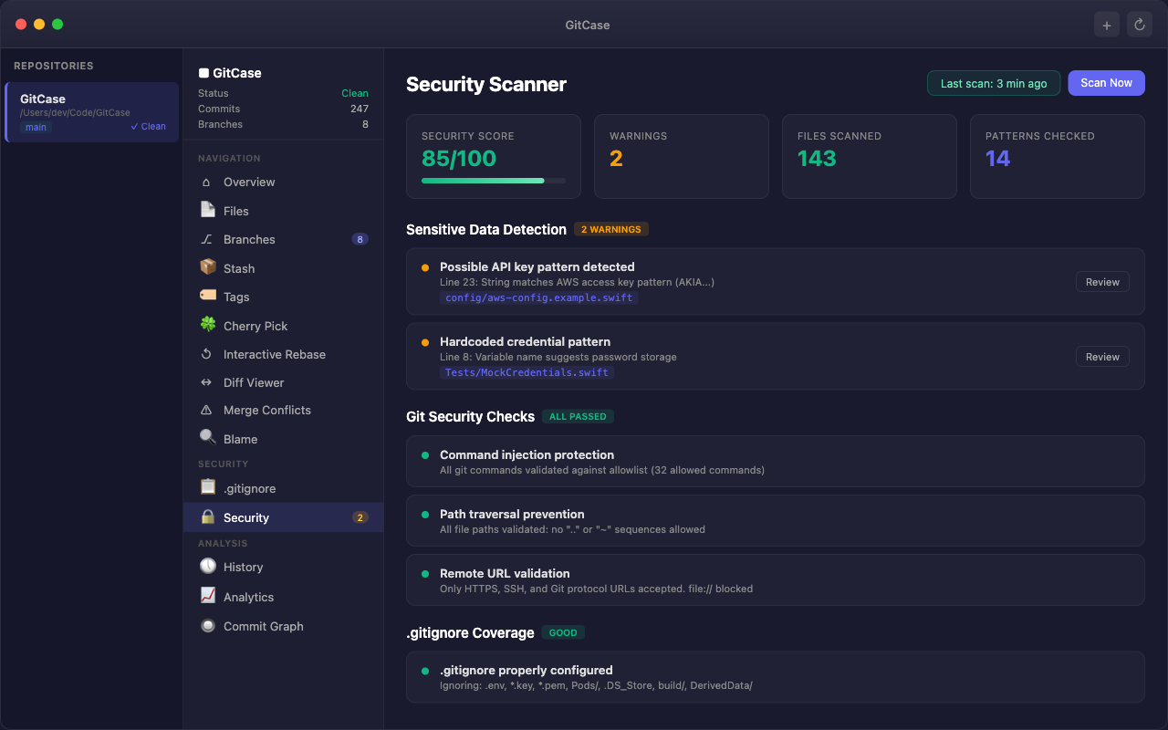 GitCase Security Scanner - Detecting API keys, credential patterns, and validating git security